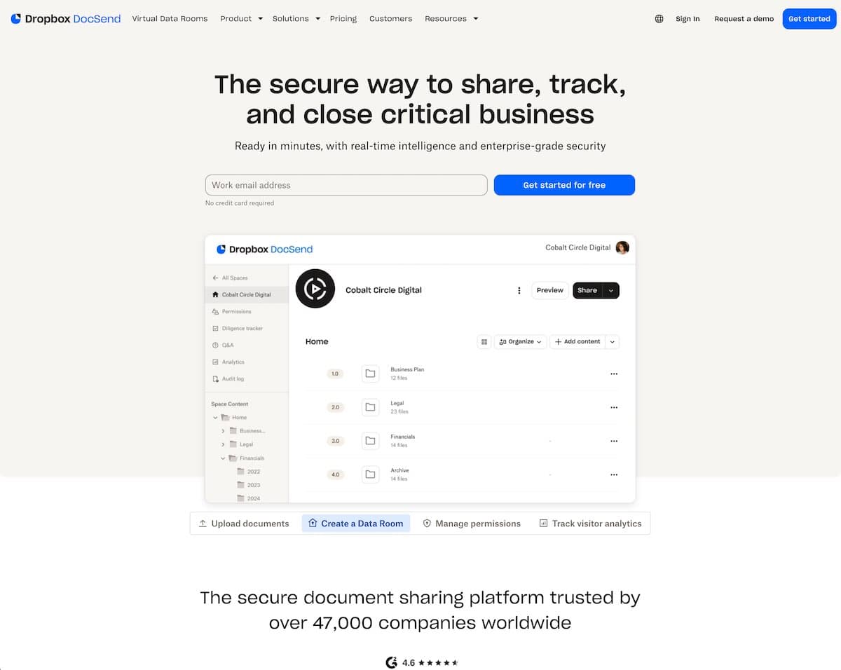 DocSend alternative comparison reference: Dropbox DocSend homepage showing document sharing, data rooms, permissions, and visitor analytics