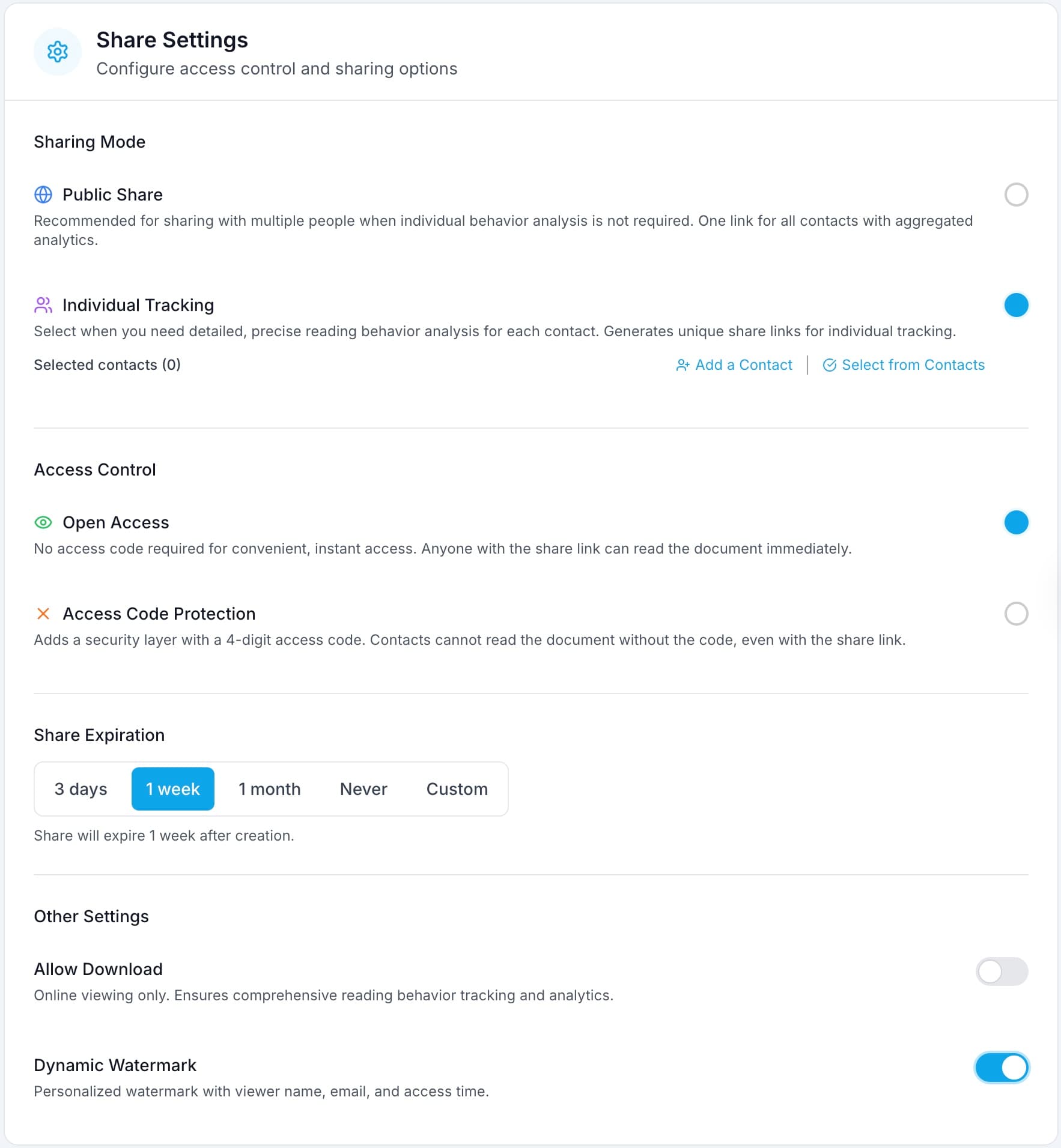 DocBeacon share settings showing access code, expiration, download toggle, and watermark options